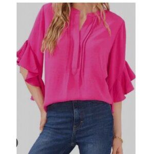 Vince Camuto Top Size XS Hot Pink Ruffle Sleeve Split Neck Blouse
